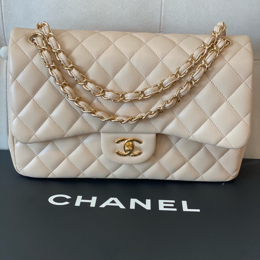 Chanel Lambskin Quilted  Double Flap Beige